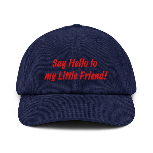 Say Hello embroidered corduroy cap in navy