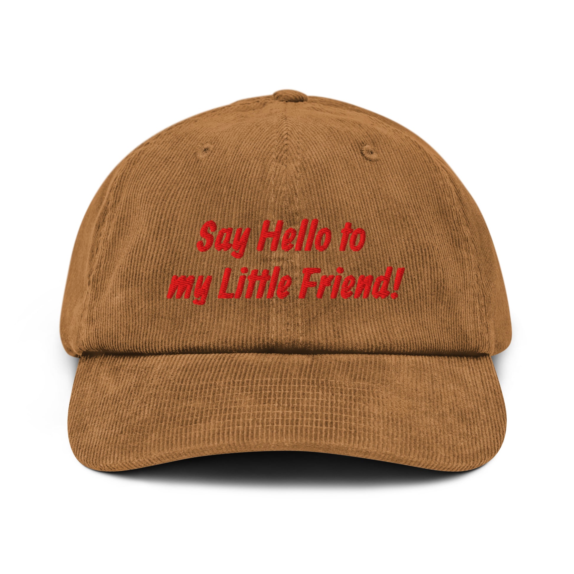 Say Hello embroidered corduroy cap in brown